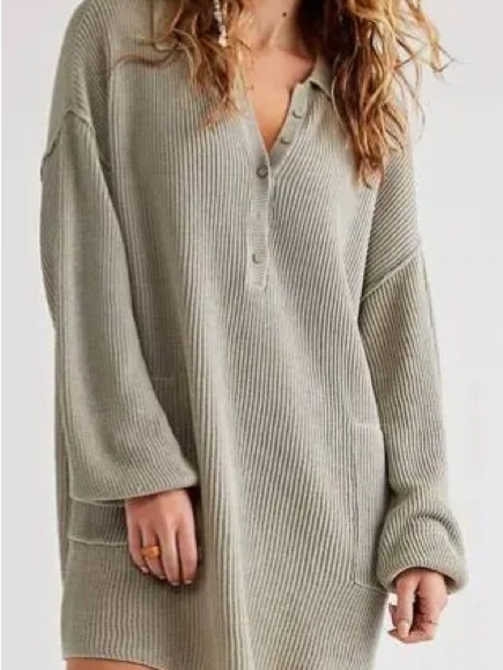 Free People Ribbed Button-Front Sweater Dress in Sage